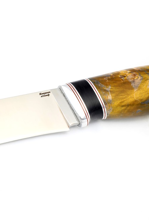 Нож Барс сталь кованая Х12МФ рукоять вставка черный граб, кап клена желтый 