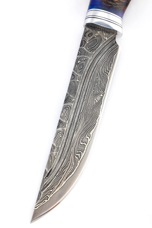 Нож Перун 9ХС ламинированная дамаск с никелем, фигурные долы-камень, рукоять шишка в акриле синекрасная 