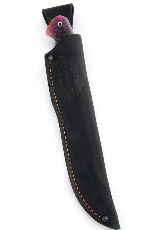 Нож Перун 9ХС ламинированная дамаск с никелем, фигурные долы-камень, рукоять шишка в акриле синекрасная 