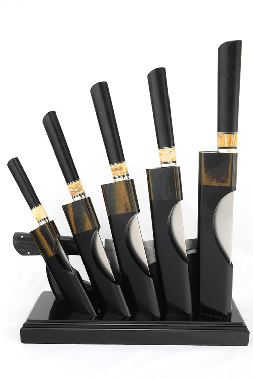 Подставка из черного граба+G10 с набором из 5 ножей и тяпки (Elmax, зуб мамонта+G10) 