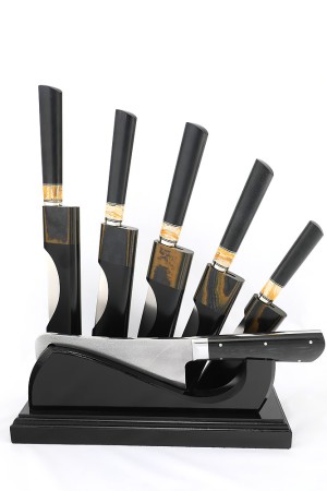 Подставка из черного граба+G10 с набором из 5 ножей и тяпки (Elmax, зуб мамонта+G10)