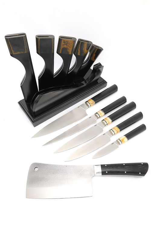 Подставка из черного граба+G10 с набором из 5 ножей и тяпки (Elmax, зуб мамонта+G10) 