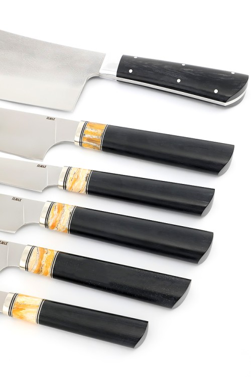 Подставка из черного граба+G10 с набором из 5 ножей и тяпки (Elmax, зуб мамонта+G10) 