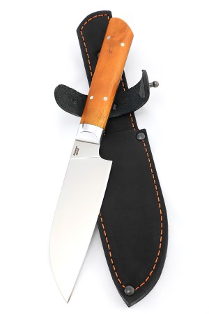 Кухонный нож Сантоку малый кованая сталь 95x18 рукоять карельская береза янтарная цельнометаллический