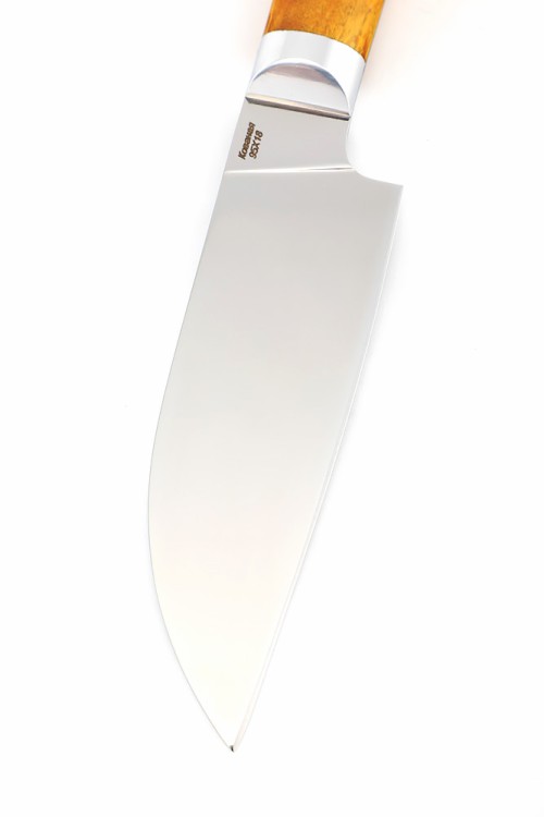 Кухонный нож Сантоку малый кованая сталь 95x18 рукоять карельская береза янтарная цельнометаллический  Кухонный нож Сантоку малый кованая сталь 95x18 рукоять карельская береза янтарная цельнометаллический