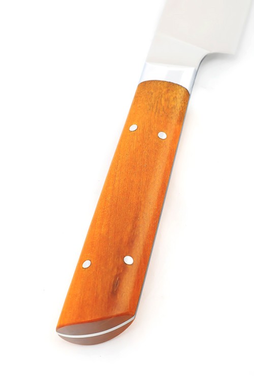 Кухонный нож Сантоку малый кованая сталь 95x18 рукоять карельская береза янтарная цельнометаллический  Кухонный нож Сантоку малый кованая сталь 95x18 рукоять карельская береза янтарная цельнометаллический