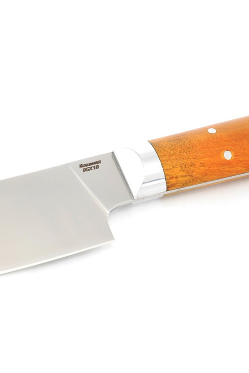 Кухонный нож Сантоку малый кованая сталь 95x18 рукоять карельская береза янтарная цельнометаллический  Кухонный нож Сантоку малый кованая сталь 95x18 рукоять карельская береза янтарная цельнометаллический