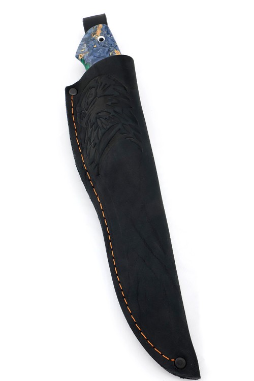 Нож Беркут сталь N690 рукоять мельхиор, кап клена синий + акрил зеленый 