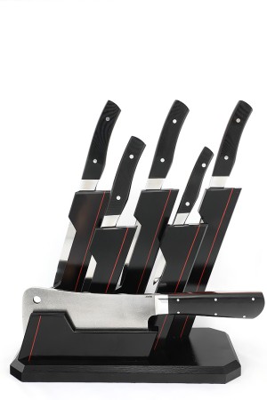 Подставка из черного граба с набором из 5 ножей и тяпки (N690, G10)