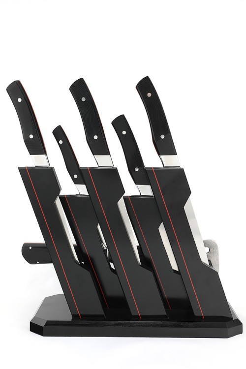 Подставка из черного граба с набором из 5 ножей и тяпки (N690, G10) 