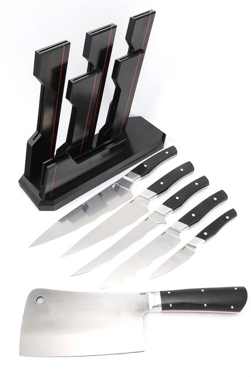 Подставка из черного граба с набором из 5 ножей и тяпки (N690, G10) 