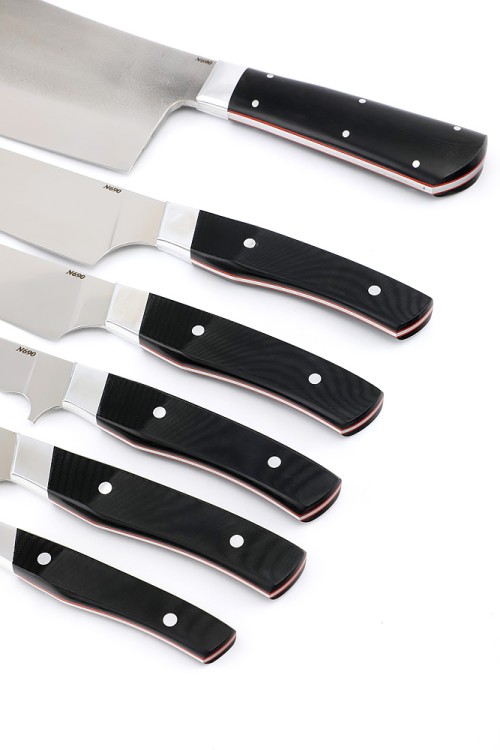 Подставка из черного граба с набором из 5 ножей и тяпки (N690, G10) 