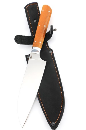 Кухонный нож Сантоку средний кованая сталь 95х18 рукоять карельская береза янтарная цельнометаллический