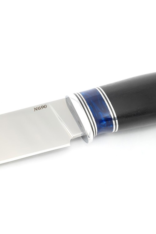 Нож Буран сталь N690, рукоять вставка акрил синий, черный граб 