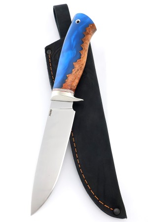 Нож Беркут сталь N690 рукоять мельхиор, карельская береза + акрил синий