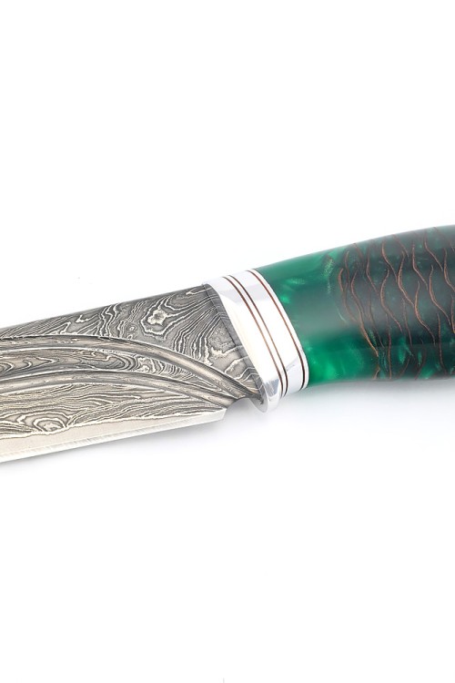 Нож Разделочный 9ХС ламинированная дамаск с никелем, фигурные долы, рукоять шишка в акриле зеленая 