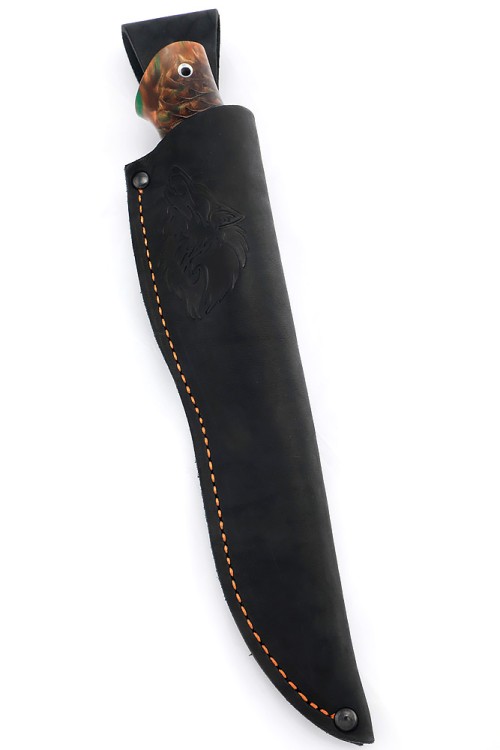 Нож Разделочный 9ХС ламинированная дамаск с никелем, фигурные долы, рукоять шишка в акриле зеленая 