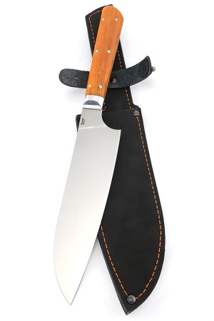 Кухонный нож Сантоку большой кованая сталь 95х18 рукоять карельская береза янтарная, цельнометаллический