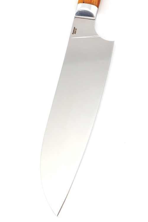 Кухонный нож Сантоку большой кованая сталь 95х18 рукоять карельская береза янтарная, цельнометаллический 