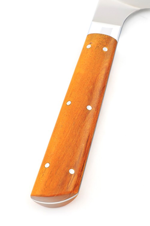 Кухонный нож Сантоку большой кованая сталь 95х18 рукоять карельская береза янтарная, цельнометаллический 