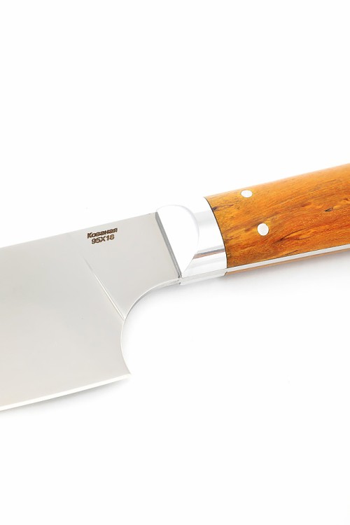 Кухонный нож Сантоку большой кованая сталь 95х18 рукоять карельская береза янтарная, цельнометаллический 