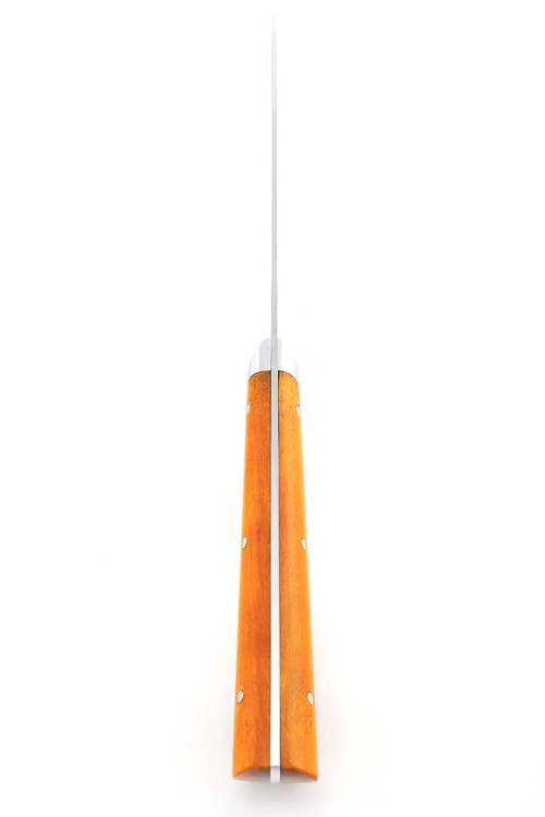 Кухонный нож Сантоку большой кованая сталь 95х18 рукоять карельская береза янтарная, цельнометаллический 