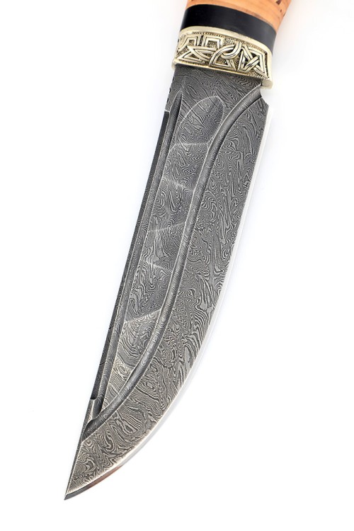 Нож Стрела дамаск  камень-долы рукоять мельхиор береста 