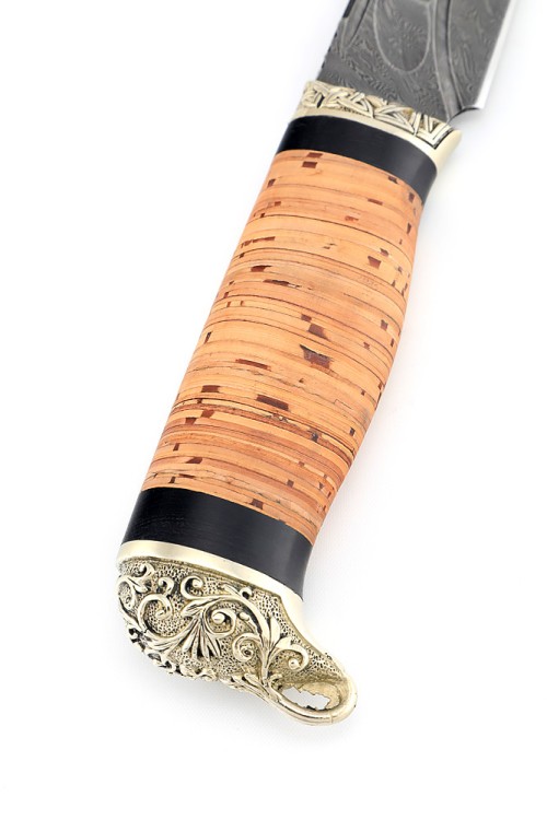 Нож Стрела дамаск  камень-долы рукоять мельхиор береста 