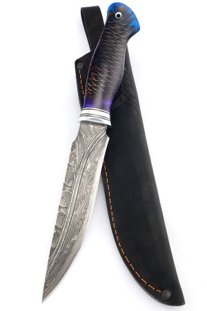 Нож Хищник 9ХС ламинированная дамаск с никелем, фигурные долы, рукоять шишка в акриле сиреневая