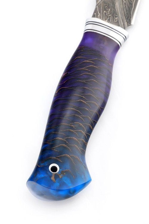 Нож Хищник 9ХС ламинированная дамаск с никелем, фигурные долы, рукоять шишка в акриле сиреневая 