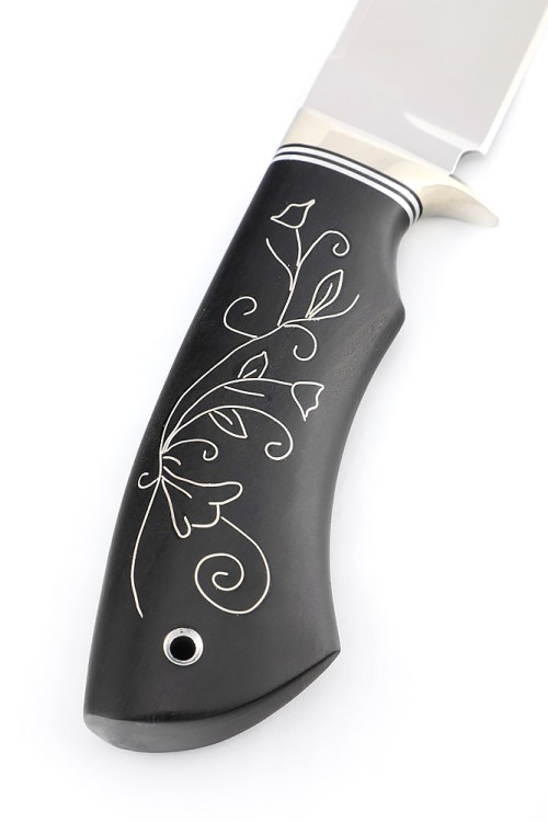 Нож Секач сталь кованая Х12МФ рукоять мельхиор, черный граб с инкрустацией 