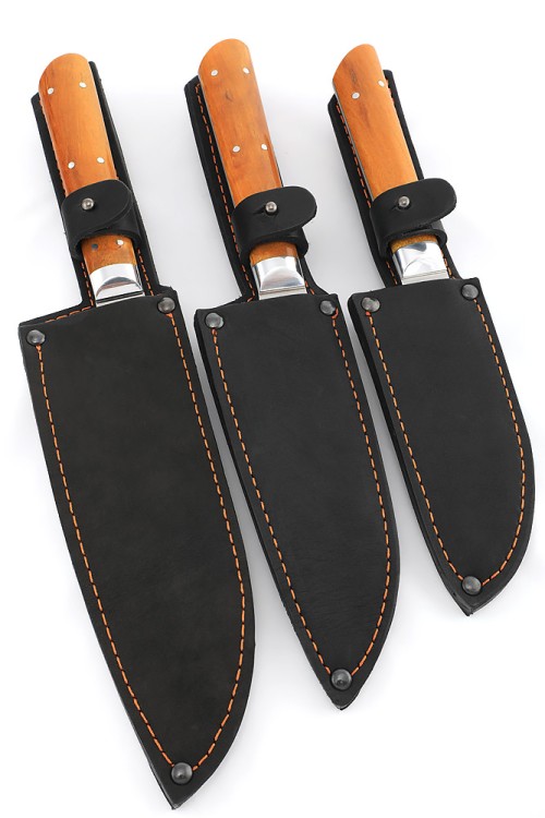 Комплект из 3-х кухонный ножей Сантоку кованая сталь 95х18 рукоять карельская береза янтарная, цельнометаллические 