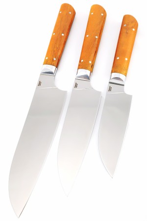 Комплект из 3-х кухонный ножей Сантоку кованая сталь 95х18 рукоять карельская береза янтарная, цельнометаллические