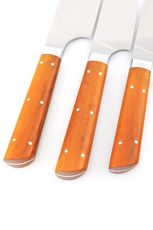 Комплект из 3-х кухонный ножей Сантоку кованая сталь 95х18 рукоять карельская береза янтарная, цельнометаллические 