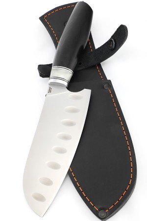 Кухонный нож Сантоку средний (широкий) кованая сталь 95х18 рукоять вставка акрил белый, черный граб