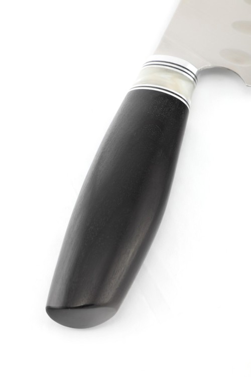 Кухонный нож Сантоку средний (широкий) кованая сталь 95х18 рукоять вставка акрил белый, черный граб 