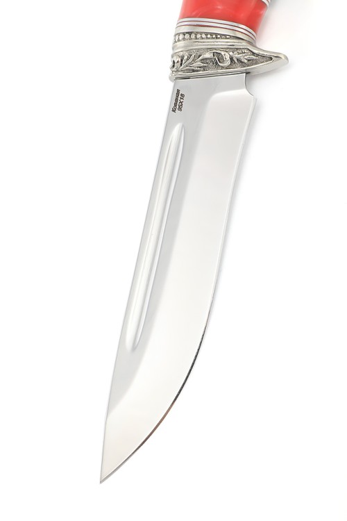 Нож Лось сталь кованая 95Х18 рукоять мельхиор, вставка акрил красный, черный граб 