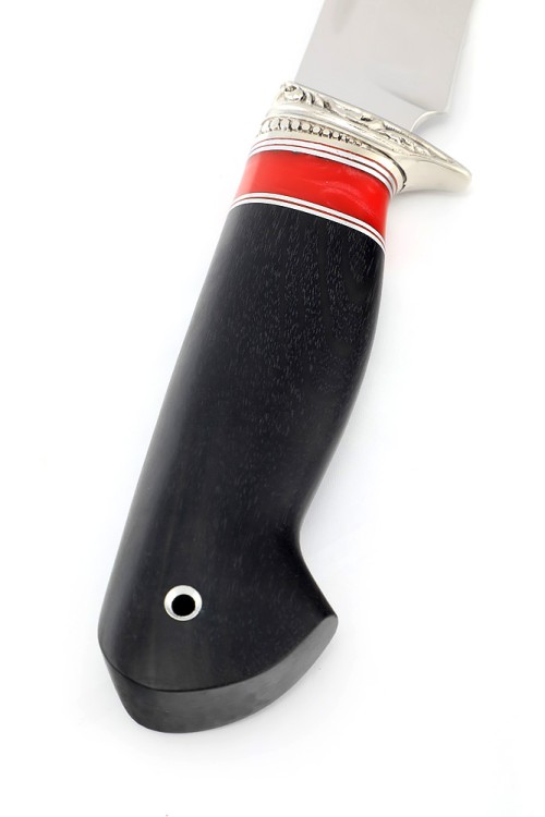 Нож Лось сталь кованая 95Х18 рукоять мельхиор, вставка акрил красный, черный граб 