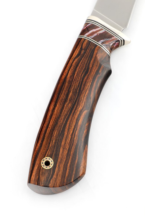 Нож Филейный большой сталь Elmax рукоять низельбер, вставка зуб мамонта красный, железное дерево 