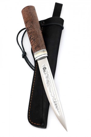 Нож Якут №4 сталь Х12МФ кованый дол рукоять коричневая карельская береза вставка кость