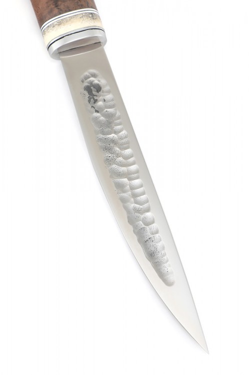 Нож Северный №4 сталь Х12МФ кованый дол рукоять коричневая карельская береза вставка кость 