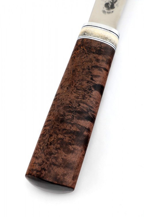 Нож Северный №4 сталь Х12МФ кованый дол рукоять коричневая карельская береза вставка кость 