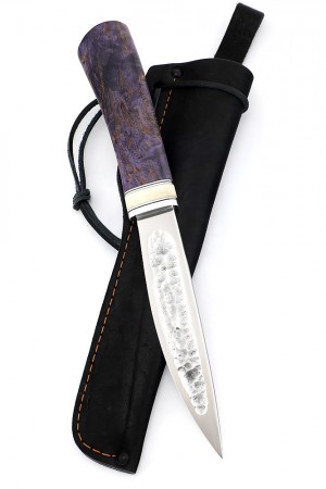 Нож Якут №5 сталь Х12МФ кованый дол рукоять фиолетовая карельская береза вставка кость