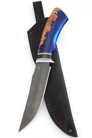 Нож Щучий сталь булат рукоять вставка черный граб карельская береза акрил синий