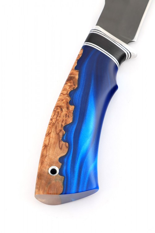 Нож Щучий сталь булат рукоять вставка черный граб карельская береза акрил синий  Нож Щучий сталь булат рукоять вставка черный граб карельская береза акрил синий