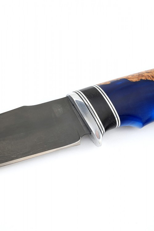 Нож Щучий сталь булат рукоять вставка черный граб карельская береза акрил синий  Нож Щучий сталь булат рукоять вставка черный граб карельская береза акрил синий