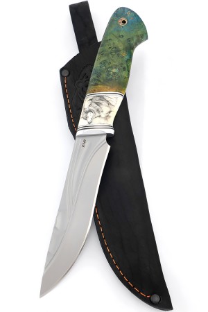 Нож Лось сталь К340 фигурные долы рукоять клык моржа (скримшоу) кап клена зеленый