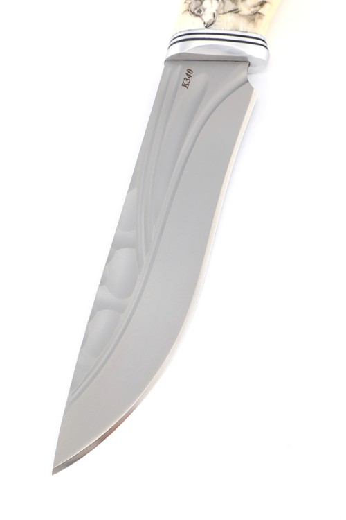 Нож Лось сталь К340 фигурные долы рукоять клык моржа (скримшоу) кап клена зеленый 