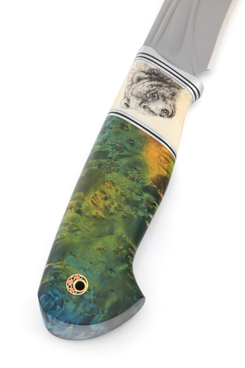 Нож Лось сталь К340 фигурные долы рукоять клык моржа (скримшоу) кап клена зеленый 