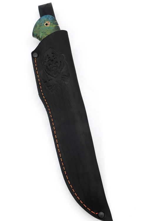 Нож Лось сталь К340 фигурные долы рукоять клык моржа (скримшоу) кап клена зеленый 